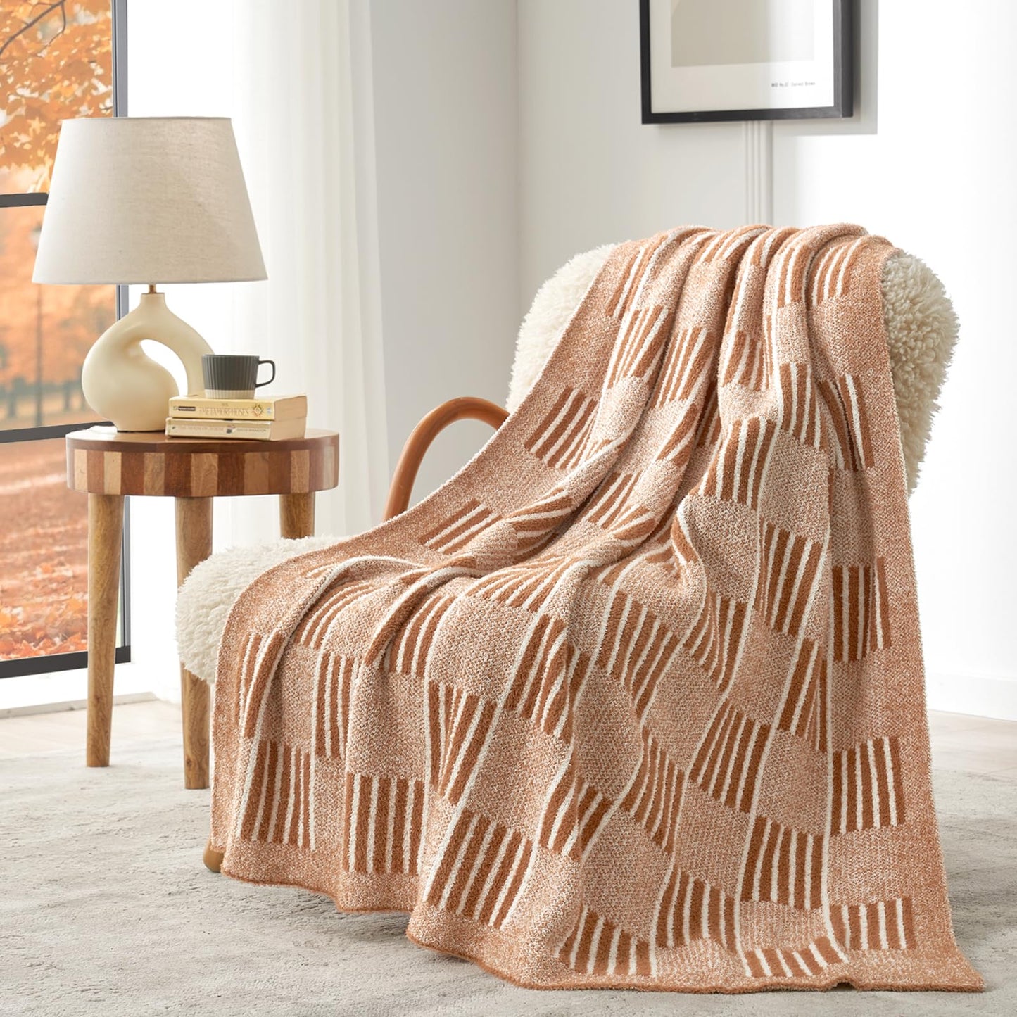 Snuggle Sac Checkered Orange Throw Blanket for Fall,Super Soft Reversible Cozy Warm Blanket for Couch Sofa Bedroom,Cute Lightweight Striped Throws for Women,Heather Orange,50x60 inches