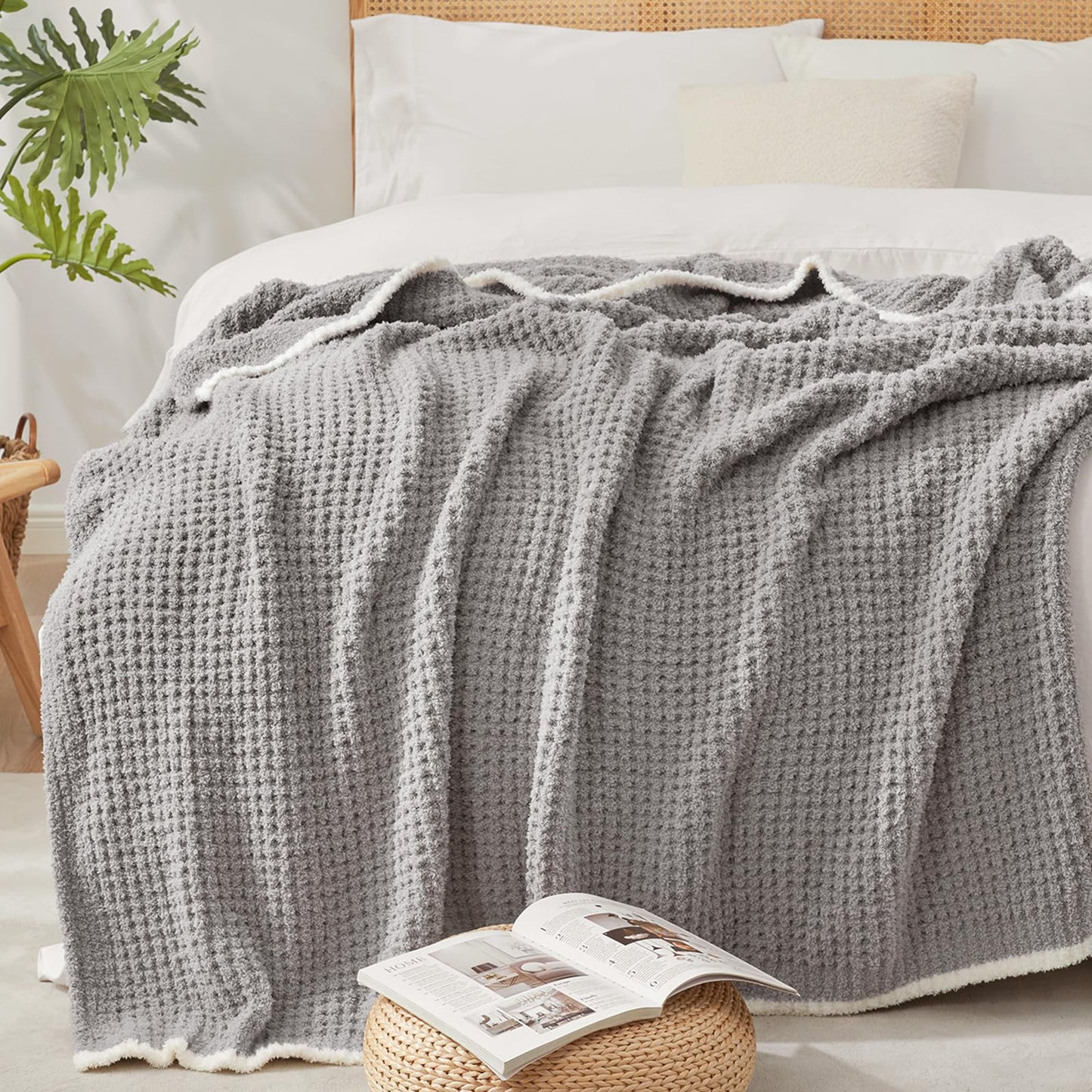 Snuggle Sac Ultra Soft Waffle Throw Blanket for Couch Bed Sofa 50x60 inches, Reversible Blue Blanket Microfiber Fluffy Fuzzy Cozy Knit Throws for Women Mothers Birthday Gifts