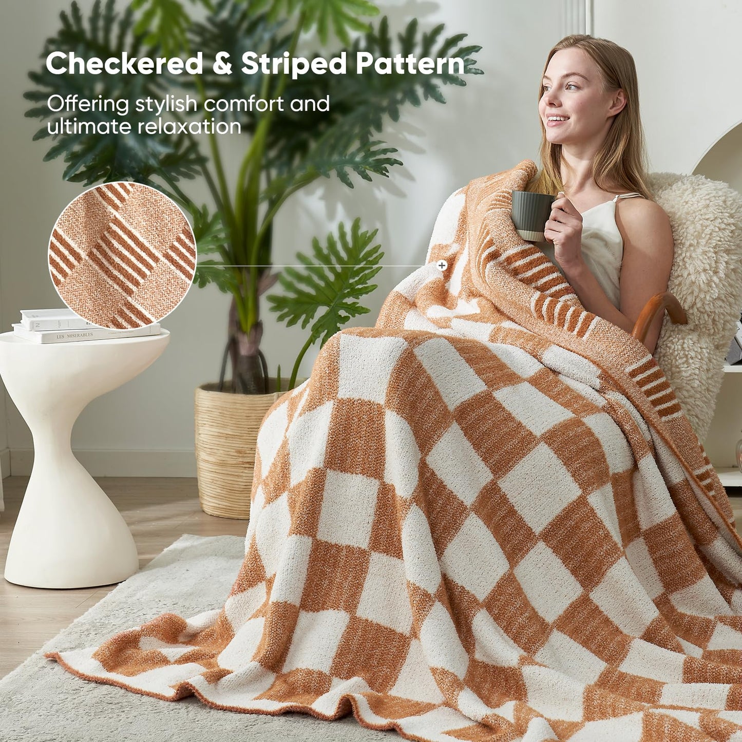 Snuggle Sac Checkered Orange Throw Blanket for Fall,Super Soft Reversible Cozy Warm Blanket for Couch Sofa Bedroom,Cute Lightweight Striped Throws for Women,Heather Orange,50x60 inches