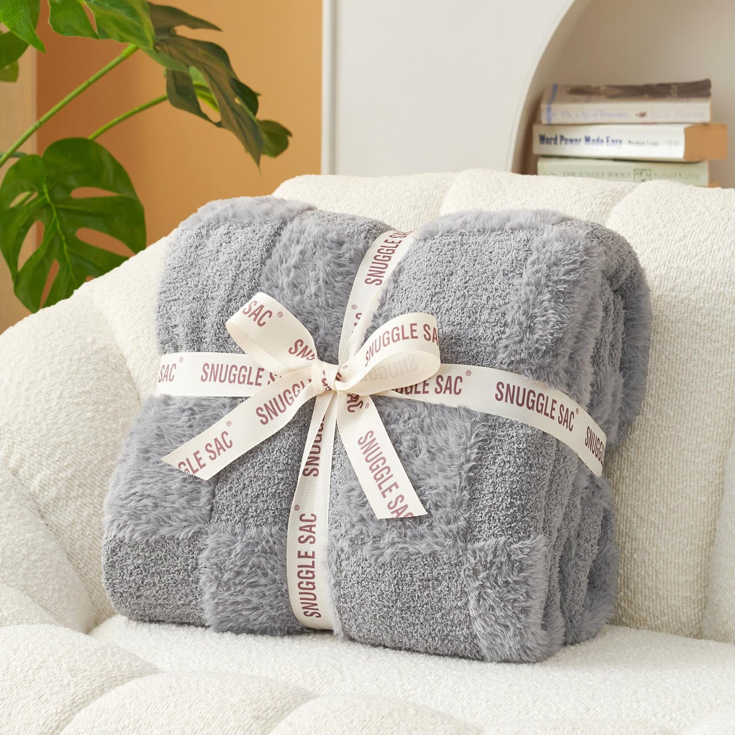 Snuggle Sac Checkered Throw Blanket Faux Fur Microfiber Blankets for Couch,Cozy Soft Warm Blanket for Sofa Bedroom Living Room,Beige Checker,50x60 inches
