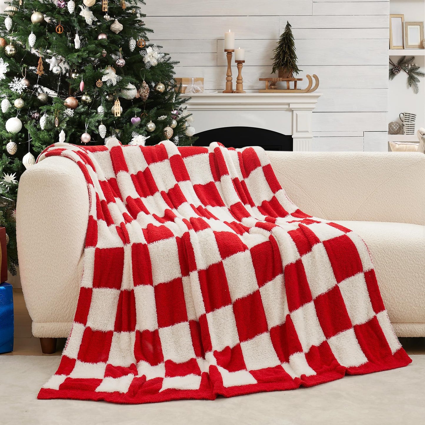 Snuggle Sac Checkered Throw Blanket Faux Fur Microfiber Blankets for Couch,Cozy Soft Warm Blanket for Sofa Bedroom Living Room,Beige Checker,50x60 inches