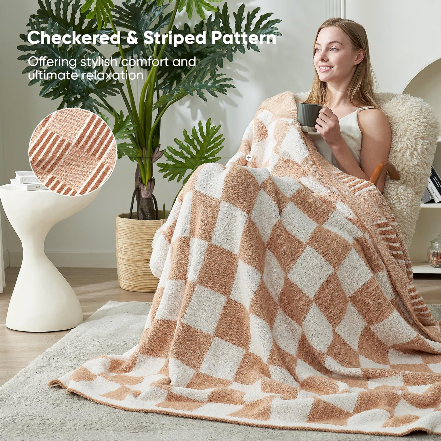 Snuggle Sac Checkered Orange Throw Blanket for Fall,Super Soft Reversible Cozy Warm Blanket for Couch Sofa Bedroom,Cute Lightweight Striped Throws for Women,Heather Orange,50x60 inches