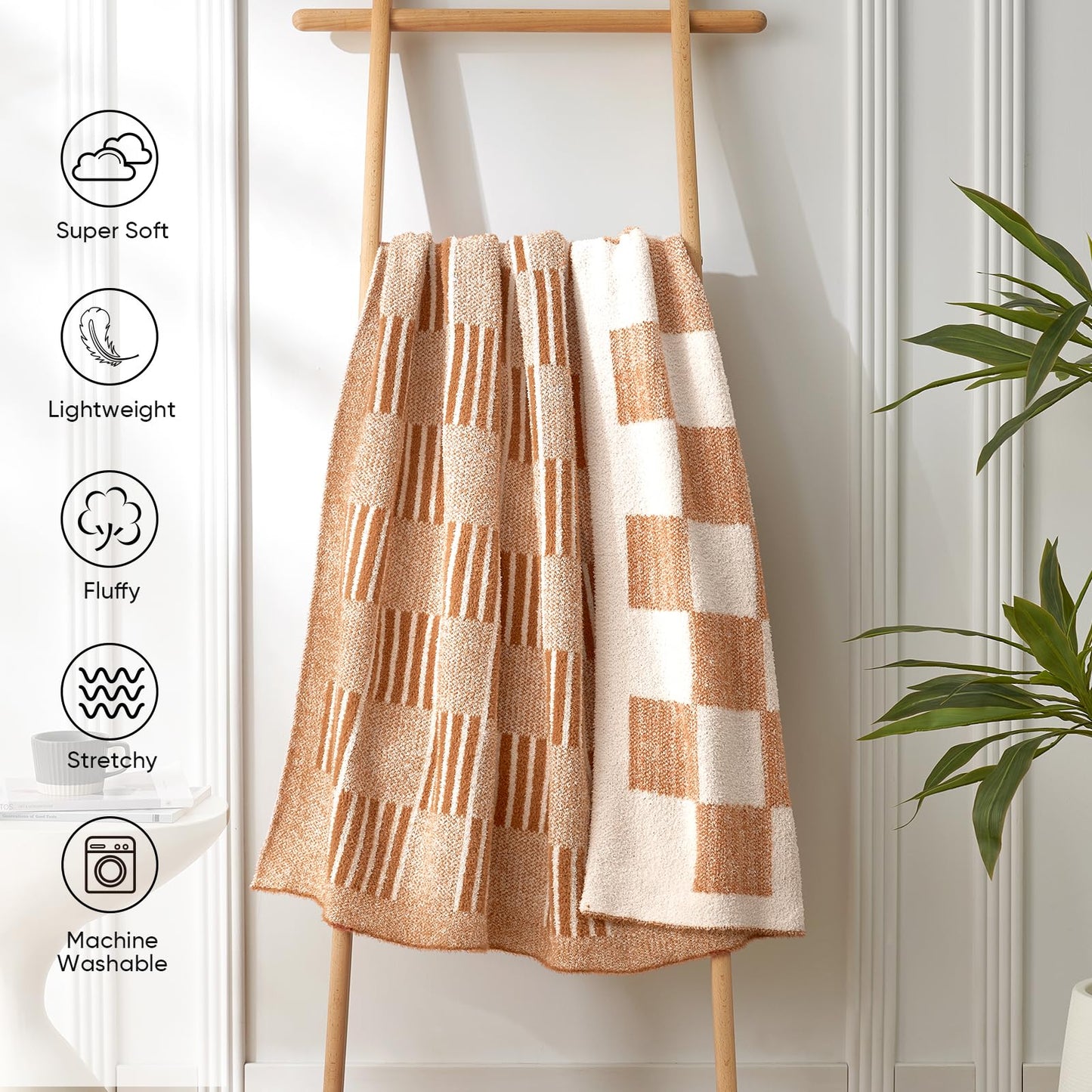 Snuggle Sac Checkered Orange Throw Blanket for Fall,Super Soft Reversible Cozy Warm Blanket for Couch Sofa Bedroom,Cute Lightweight Striped Throws for Women,Heather Orange,50x60 inches