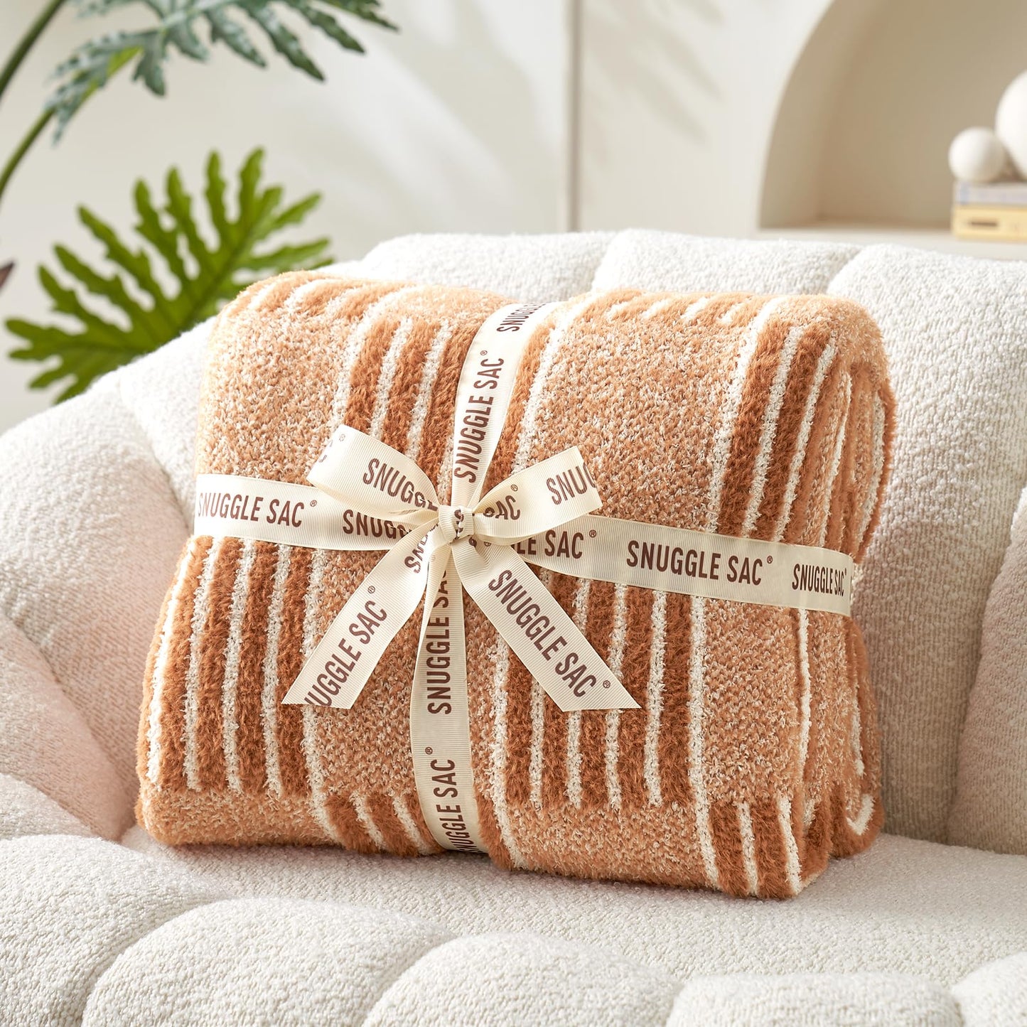 Snuggle Sac Checkered Orange Throw Blanket for Fall,Super Soft Reversible Cozy Warm Blanket for Couch Sofa Bedroom,Cute Lightweight Striped Throws for Women,Heather Orange,50x60 inches