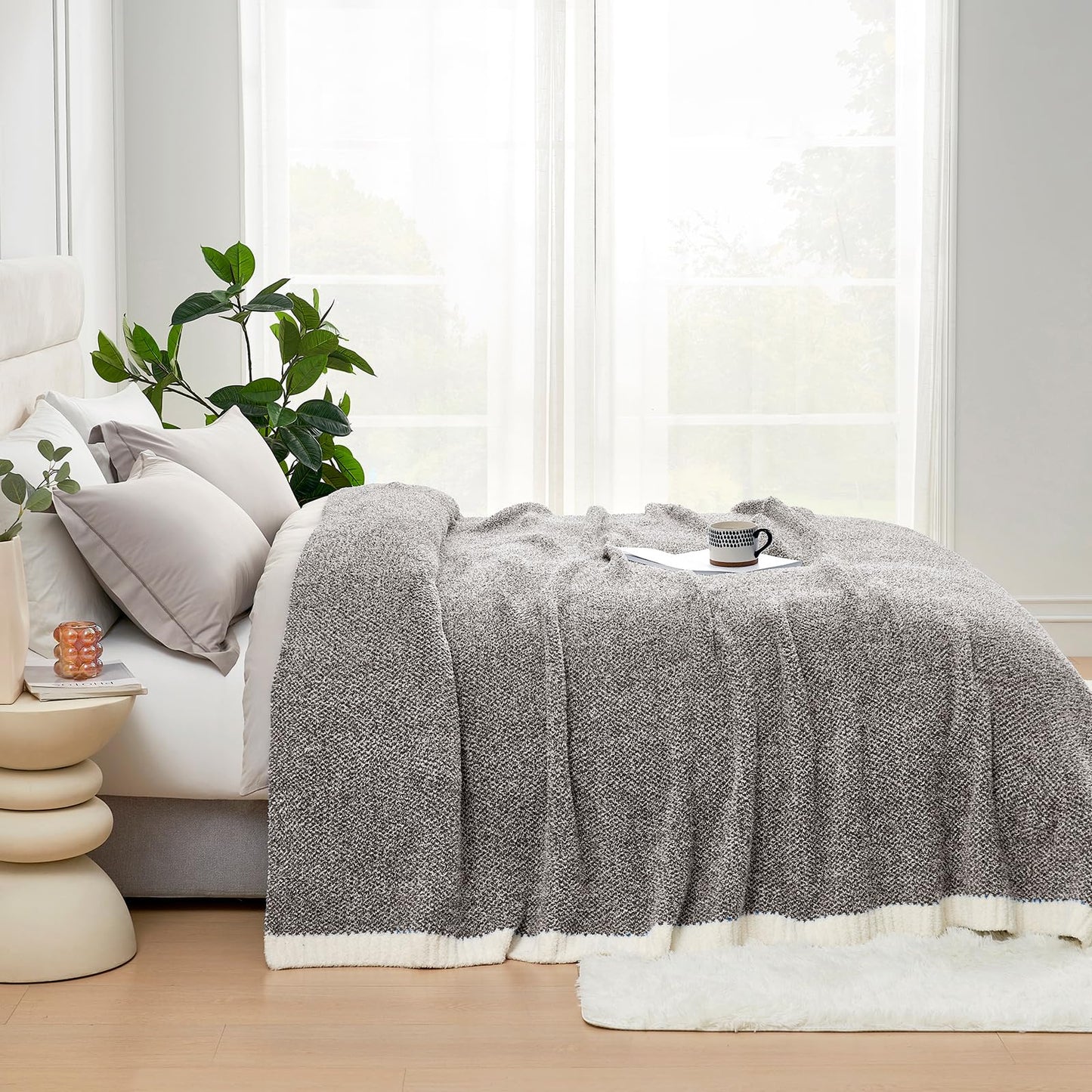 Snuggle Sac Buttery Grey Throw Blanket for Couch, Reversible Super Soft Warm Blankets Cozy Knit Fuzzy Plush Lightweight Throws for Sofa, Bed, Heather Grey, 50"x 60"