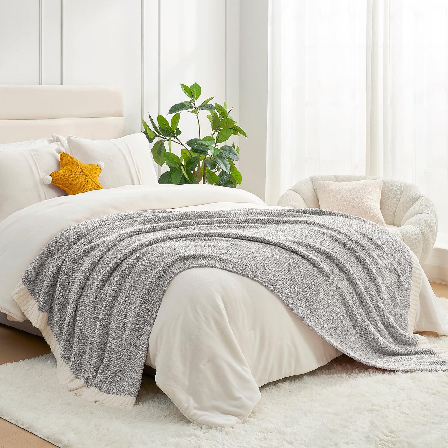 Snuggle Sac Buttery Grey Throw Blanket for Couch, Reversible Super Soft Warm Blankets Cozy Knit Fuzzy Plush Lightweight Throws for Sofa, Bed, Heather Grey, 50"x 60"