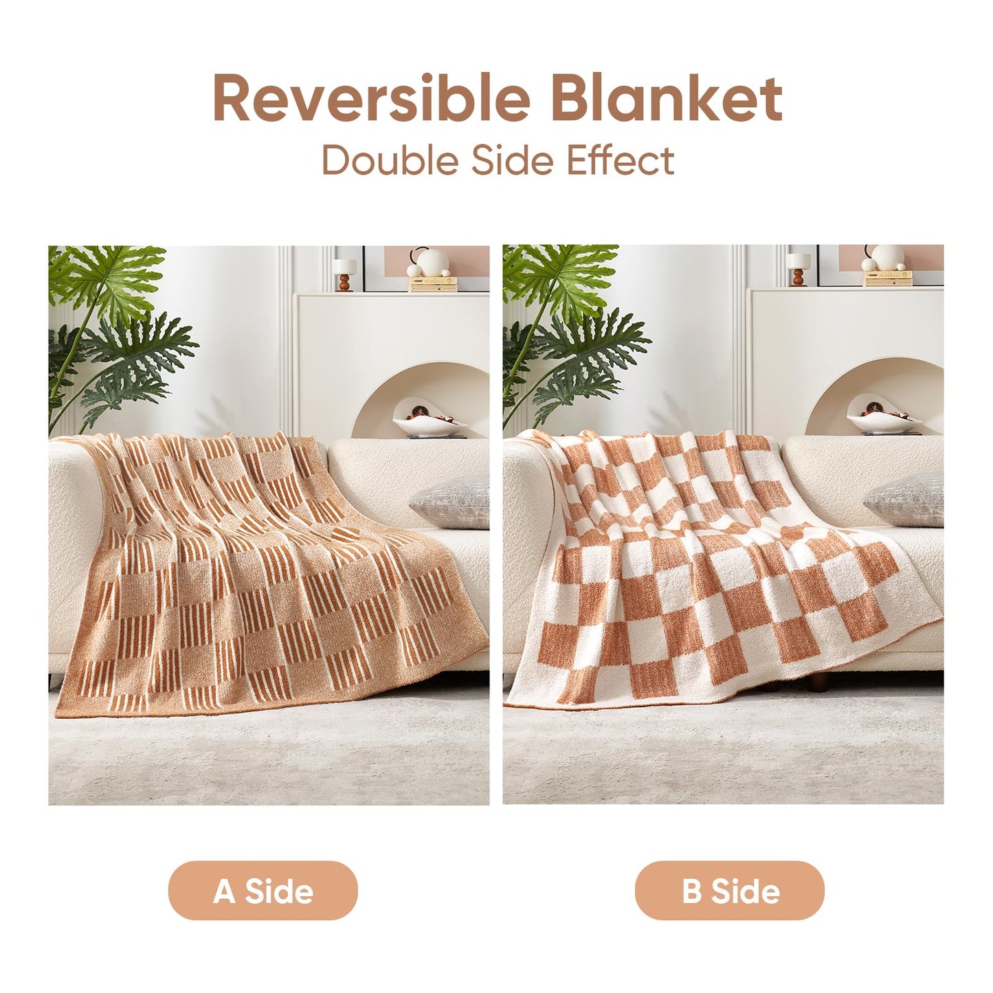 Snuggle Sac Checkered Orange Throw Blanket for Fall,Super Soft Reversible Cozy Warm Blanket for Couch Sofa Bedroom,Cute Lightweight Striped Throws for Women,Heather Orange,50x60 inches