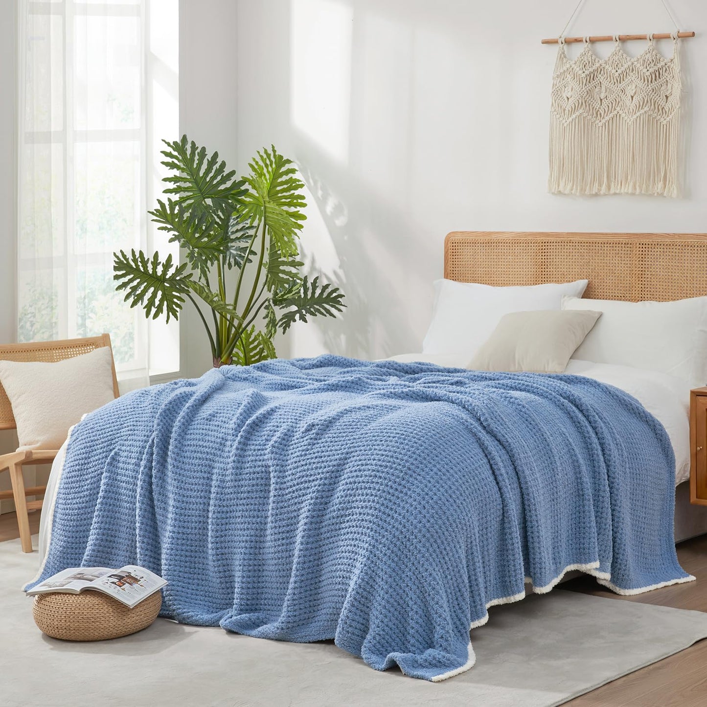 Snuggle Sac Ultra Soft Waffle Throw Blanket for Couch Bed Sofa 50x60 inches, Reversible Blue Blanket Microfiber Fluffy Fuzzy Cozy Knit Throws for Women Mothers Birthday Gifts