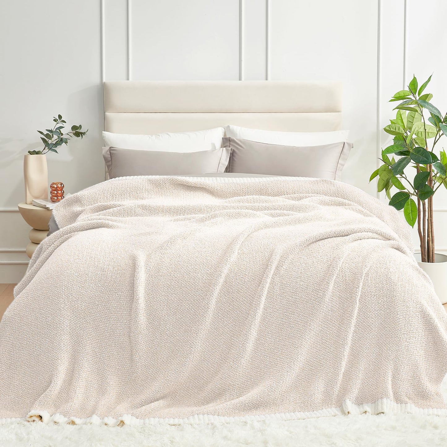 Snuggle Sac Heather Beige Throw Blankets Luxurious Microfiber Fabric, Reversible Super Soft Throws Warm Cozy Knit Fuzzy Plush Throw Blanket for Couch, Bed, Sofa, Camping, Beige,50x60 inches