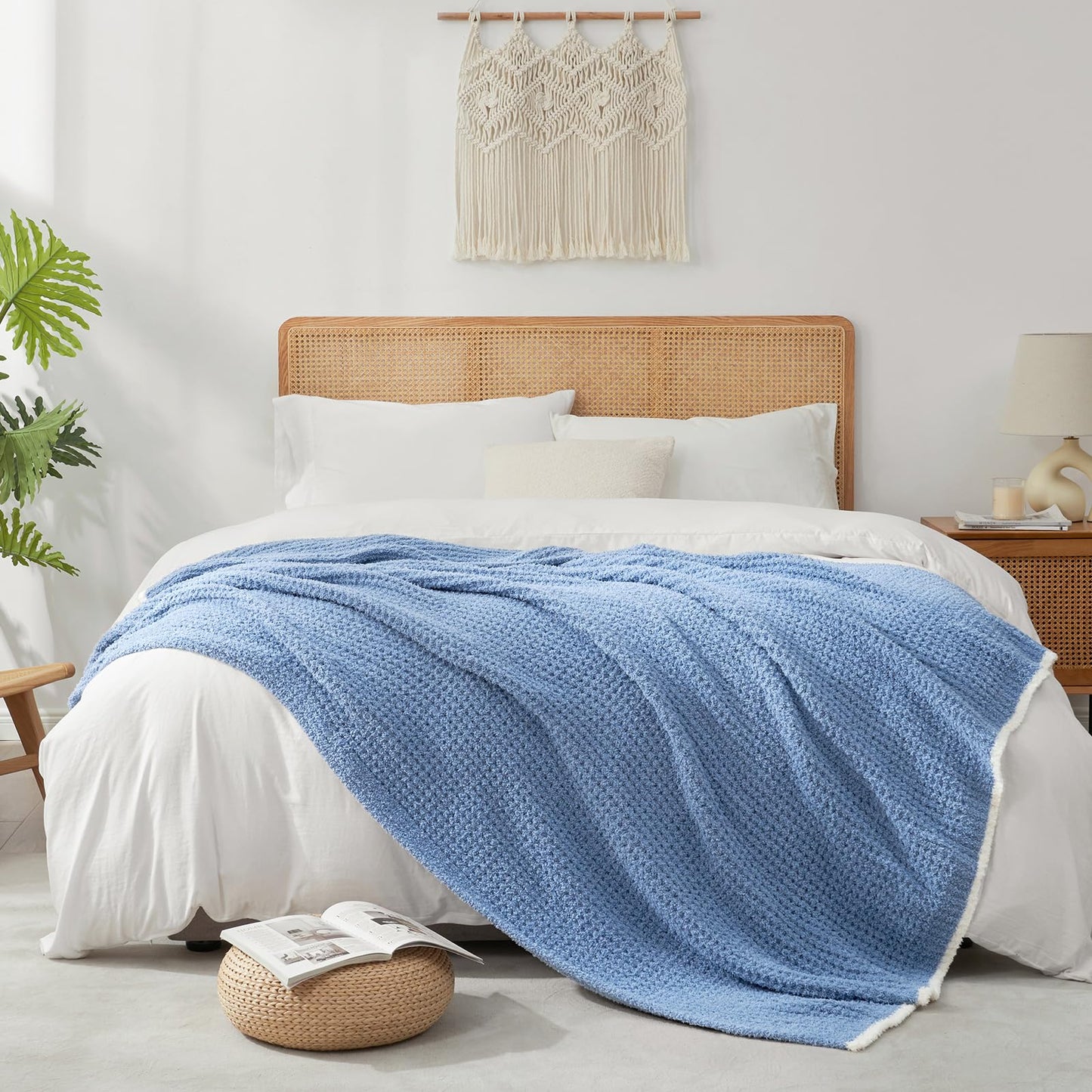 Snuggle Sac Ultra Soft Waffle Throw Blanket for Couch Bed Sofa 50x60 inches, Reversible Blue Blanket Microfiber Fluffy Fuzzy Cozy Knit Throws for Women Mothers Birthday Gifts