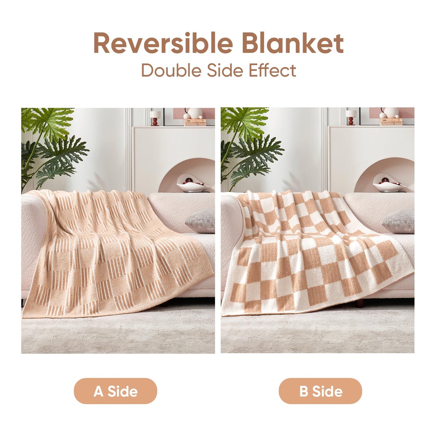 Snuggle Sac Checkered Orange Throw Blanket for Fall,Super Soft Reversible Cozy Warm Blanket for Couch Sofa Bedroom,Cute Lightweight Striped Throws for Women,Heather Orange,50x60 inches