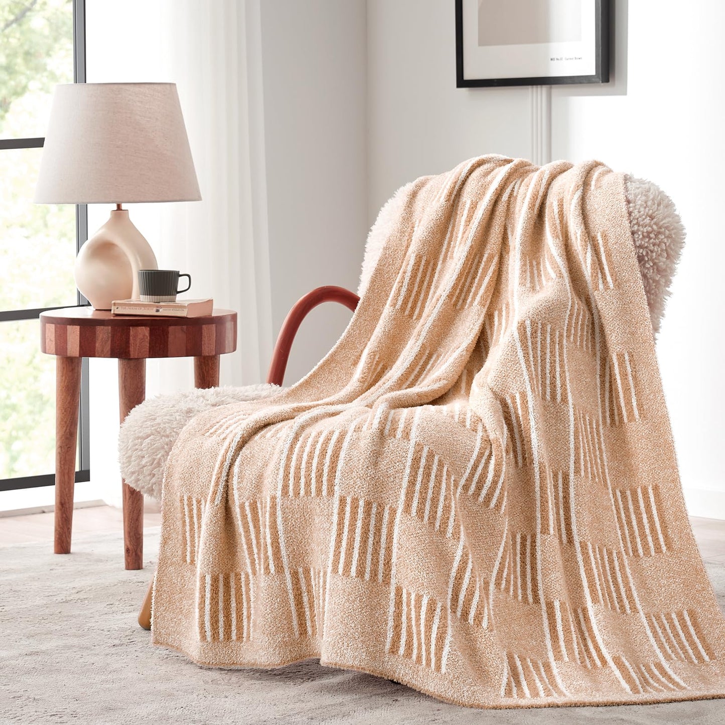 Snuggle Sac Checkered Orange Throw Blanket for Fall,Super Soft Reversible Cozy Warm Blanket for Couch Sofa Bedroom,Cute Lightweight Striped Throws for Women,Heather Orange,50x60 inches