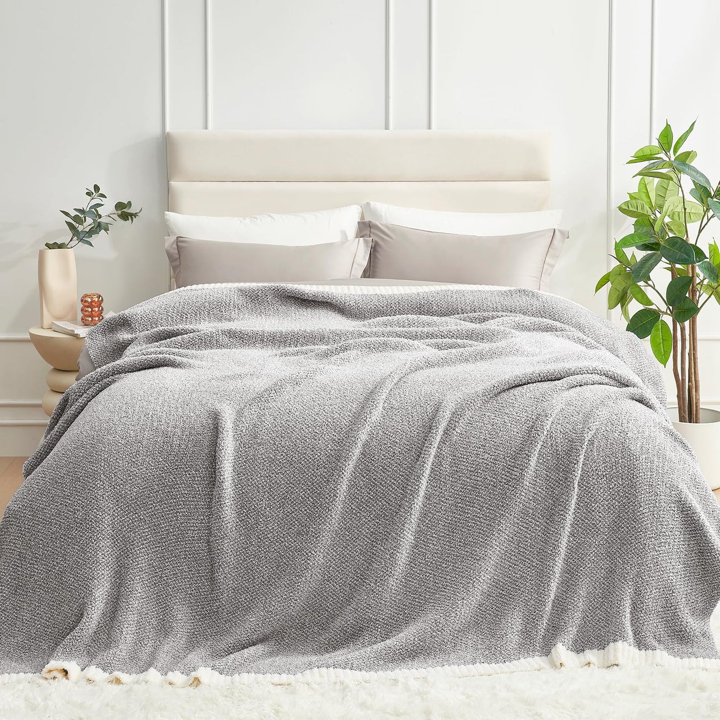 Snuggle Sac Buttery Grey Throw Blanket for Couch, Reversible Super Soft Warm Blankets Cozy Knit Fuzzy Plush Lightweight Throws for Sofa, Bed, Heather Grey, 50"x 60"