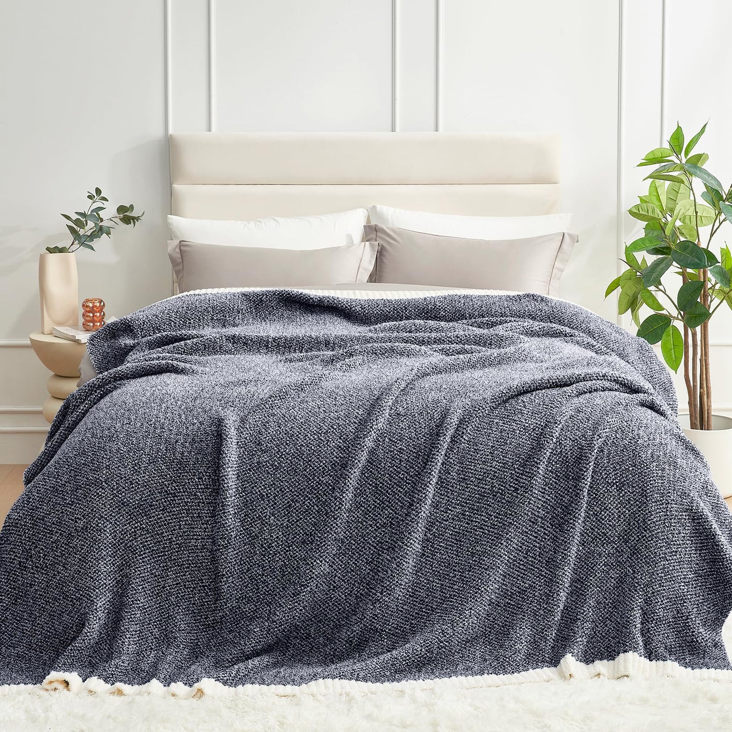 Snuggle Sac Buttery Grey Throw Blanket for Couch, Reversible Super Soft Warm Blankets Cozy Knit Fuzzy Plush Lightweight Throws for Sofa, Bed, Heather Grey, 50"x 60"