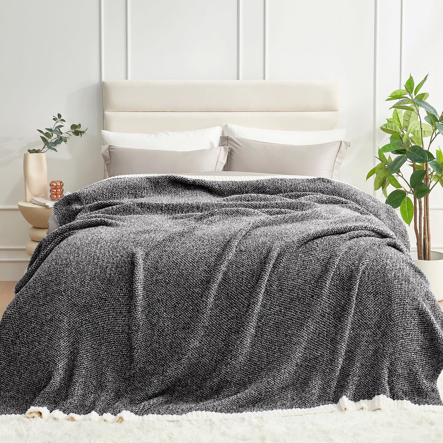 Snuggle Sac Buttery Grey Throw Blanket for Couch, Reversible Super Soft Warm Blankets Cozy Knit Fuzzy Plush Lightweight Throws for Sofa, Bed, Heather Grey, 50"x 60"