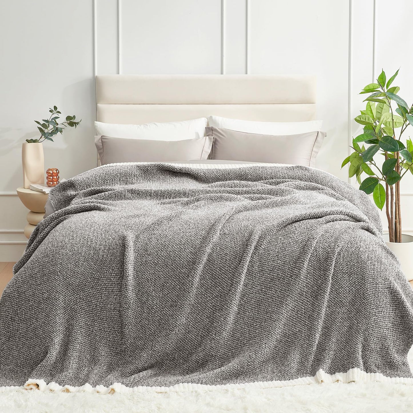 Snuggle Sac Buttery Grey Throw Blanket for Couch, Reversible Super Soft Warm Blankets Cozy Knit Fuzzy Plush Lightweight Throws for Sofa, Bed, Heather Grey, 50"x 60"