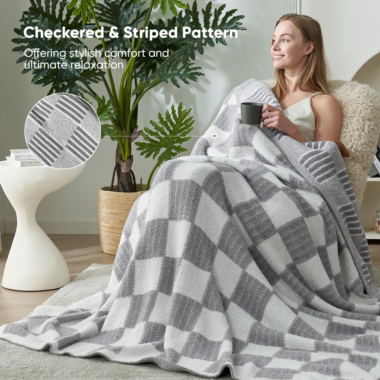Snuggle Sac Checkered Orange Throw Blanket for Fall,Super Soft Reversible Cozy Warm Blanket for Couch Sofa Bedroom,Cute Lightweight Striped Throws for Women,Heather Orange,50x60 inches