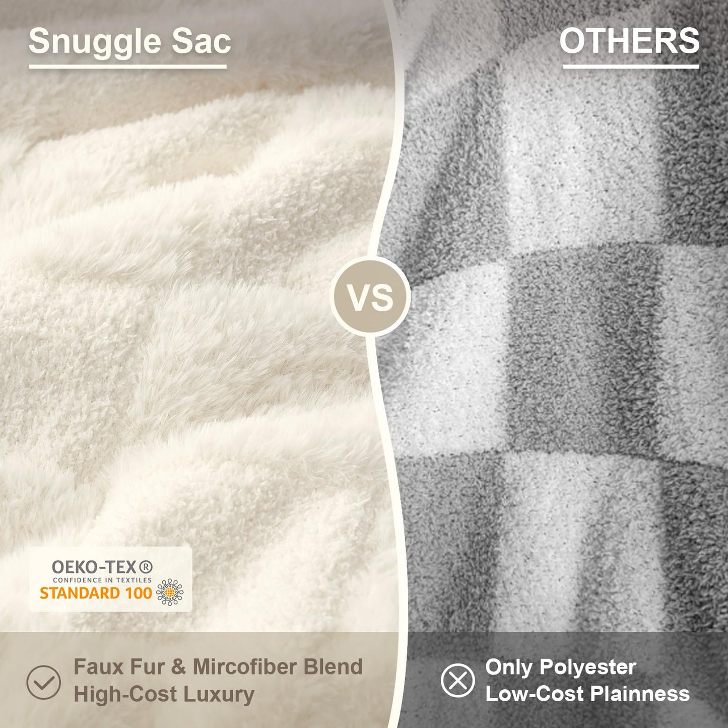 Snuggle Sac Checkered Throw Blanket Faux Fur Microfiber Blankets for Couch,Cozy Soft Warm Blanket for Sofa Bedroom Living Room,Beige Checker,50x60 inches