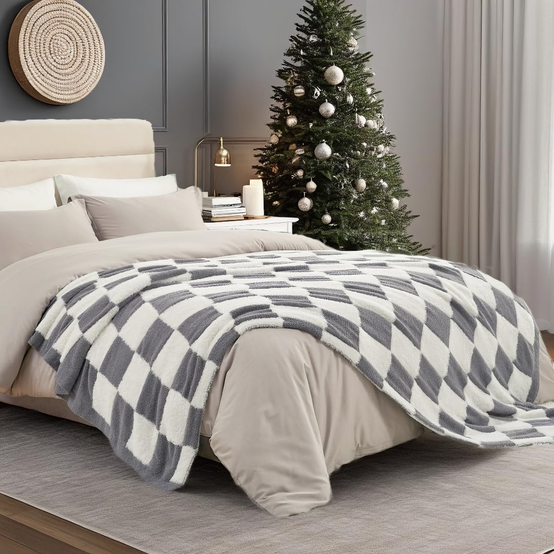 Snuggle Sac Checkered Throw Blanket Faux Fur Microfiber Blankets for Couch,Cozy Soft Warm Blanket for Sofa Bedroom Living Room,Beige Checker,50x60 inches