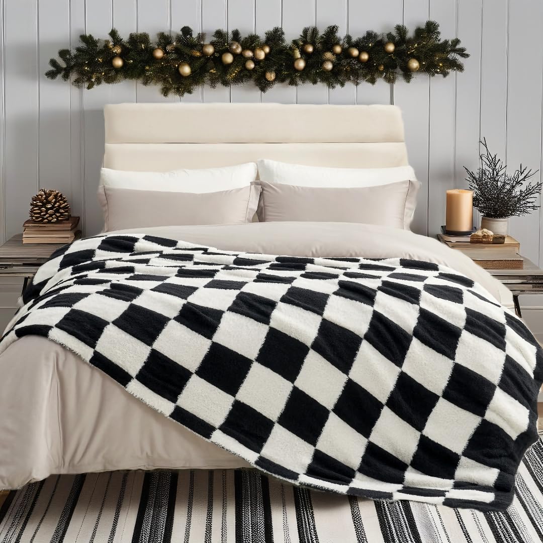Snuggle Sac Checkered Throw Blanket Faux Fur Microfiber Blankets for Couch,Cozy Soft Warm Blanket for Sofa Bedroom Living Room,Beige Checker,50x60 inches