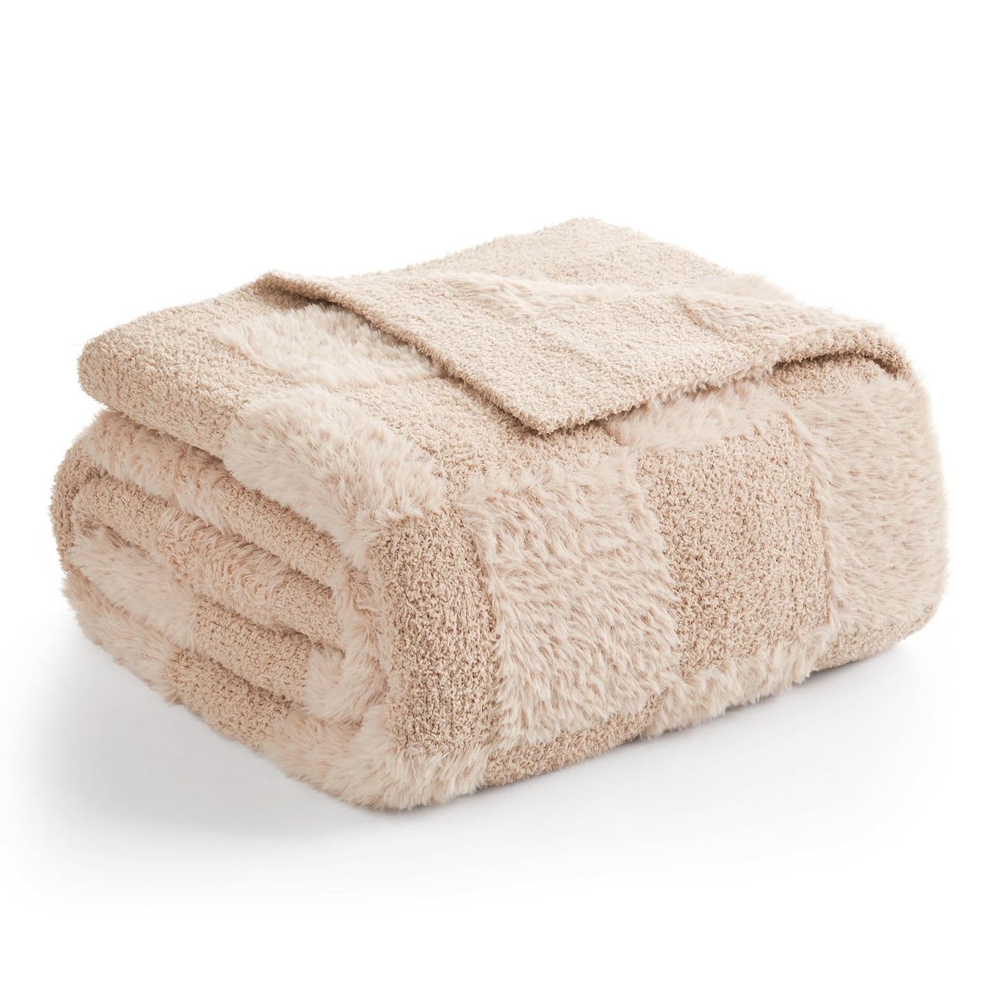 Snuggle Sac Checkered Throw Blanket Faux Fur Microfiber Blankets for Couch,Cozy Soft Warm Blanket for Sofa Bedroom Living Room,Beige Checker,50x60 inches
