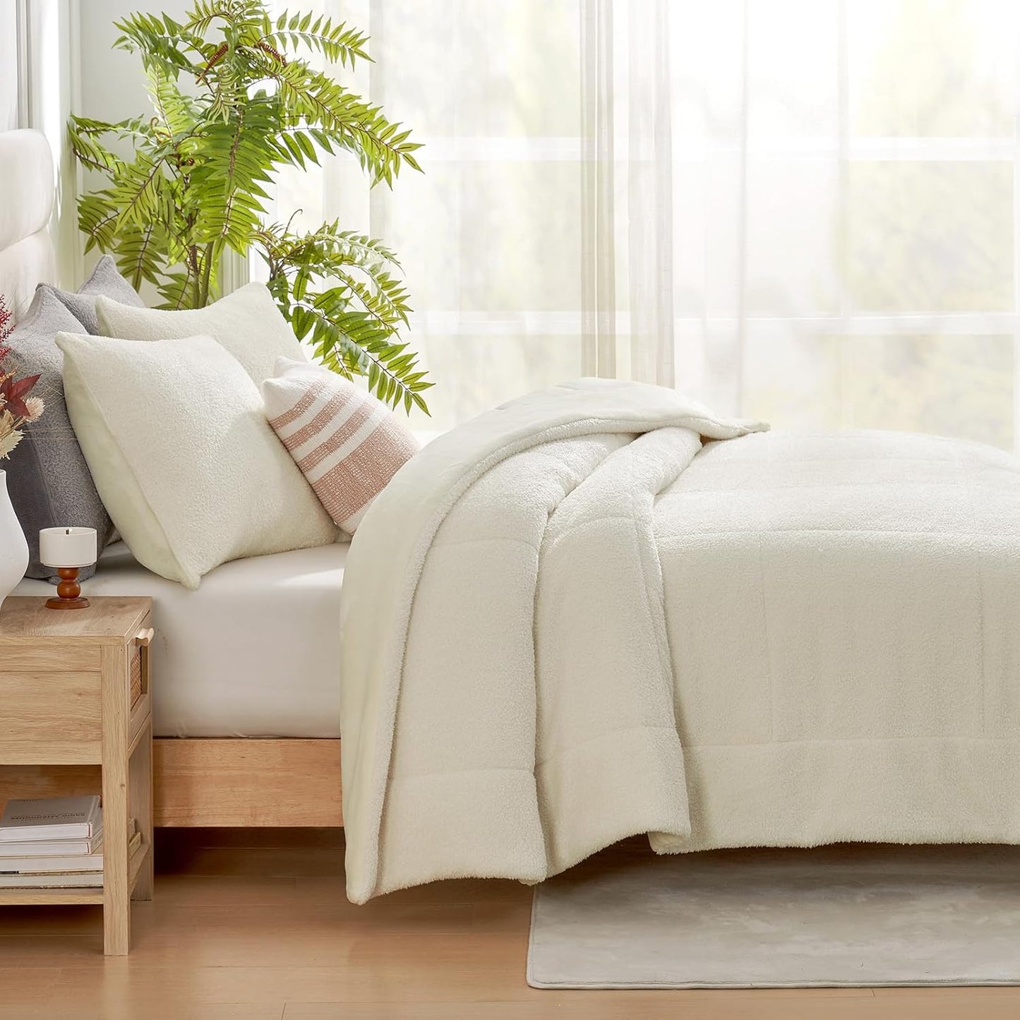 Snuggle Sac Ultra Soft Twin Comforter Set Ivory, 2 Pieces Solid Warm Sherpa Fluffy Bedding Comforter Set Twin Size (1 Comforter, 1 Sham)