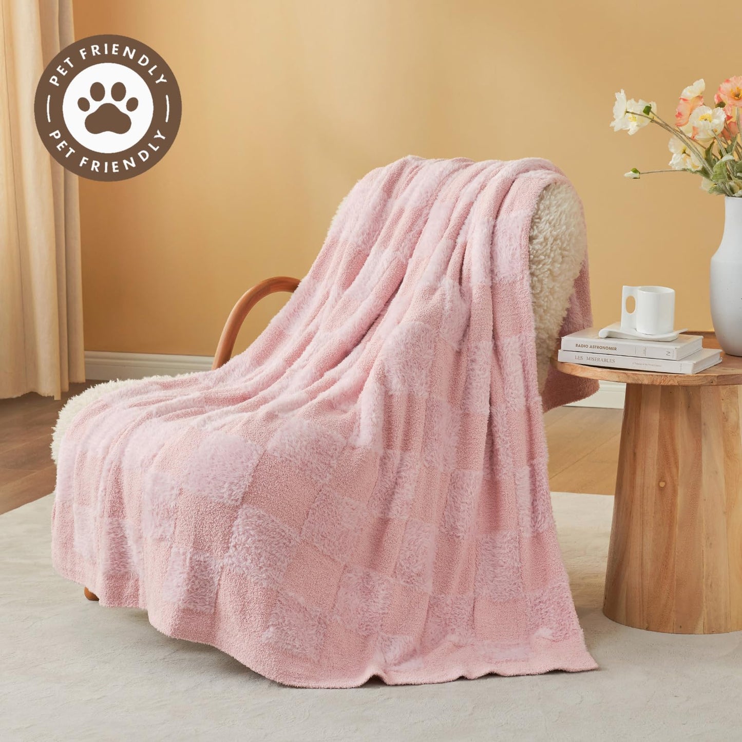 Snuggle Sac Checkered Throw Blanket Faux Fur Microfiber Blankets for Couch,Cozy Soft Warm Blanket for Sofa Bedroom Living Room,Beige Checker,50x60 inches