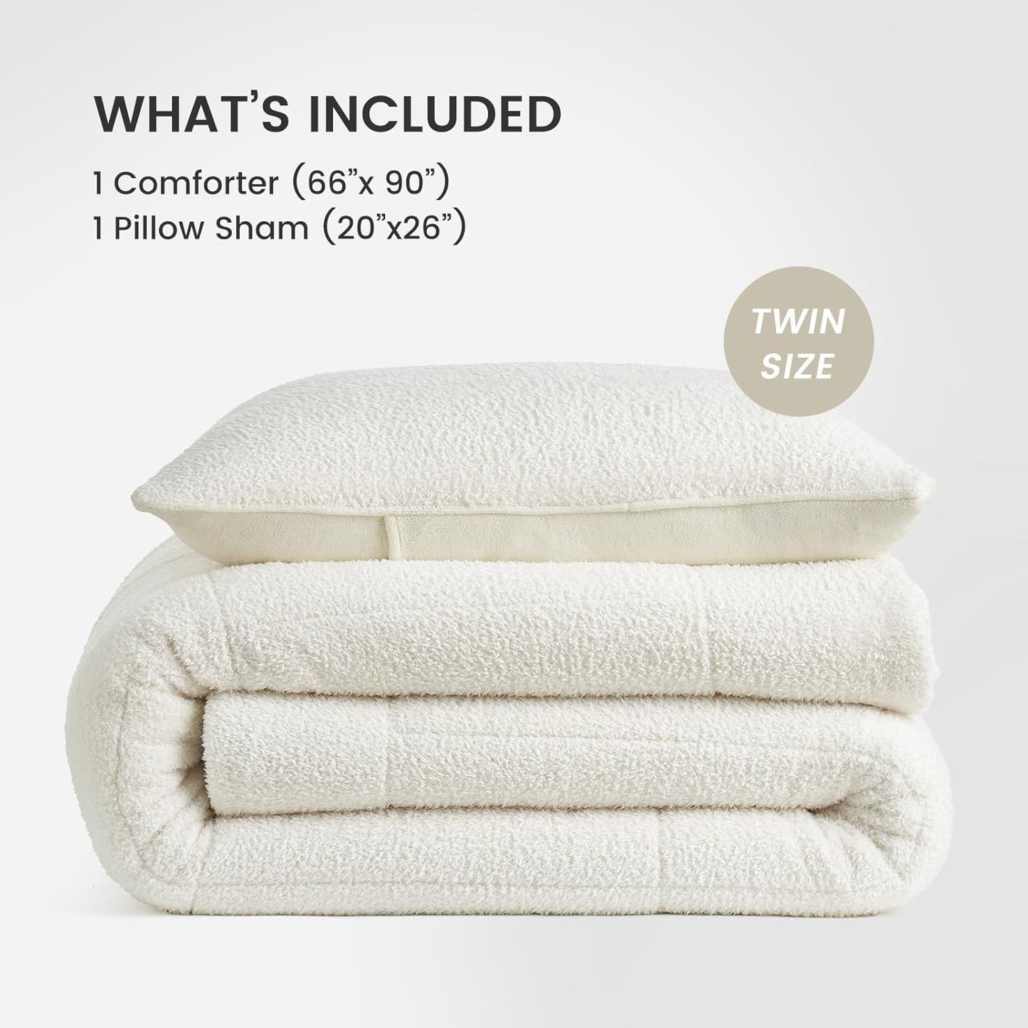 Snuggle Sac Ultra Soft Twin Comforter Set Ivory, 2 Pieces Solid Warm Sherpa Fluffy Bedding Comforter Set Twin Size (1 Comforter, 1 Sham)