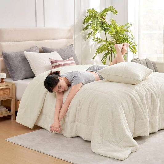 Snuggle Sac Ultra Soft Twin Comforter Set Ivory, 2 Pieces Solid Warm Sherpa Fluffy Bedding Comforter Set Twin Size (1 Comforter, 1 Sham)