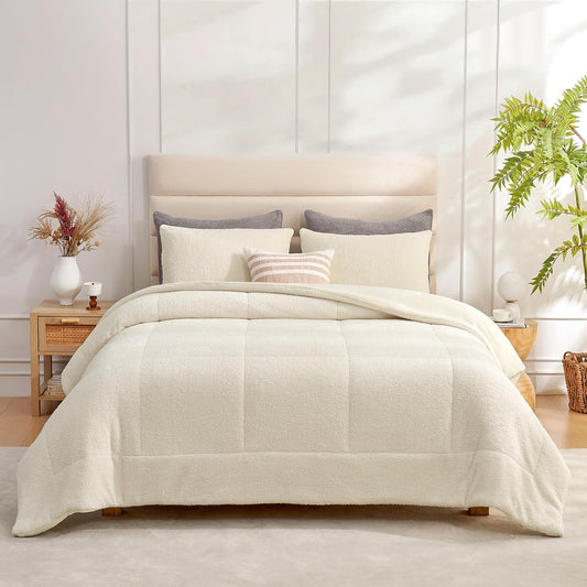 Snuggle Sac Ultra Soft Twin Comforter Set Ivory, 2 Pieces Solid Warm Sherpa Fluffy Bedding Comforter Set Twin Size (1 Comforter, 1 Sham)