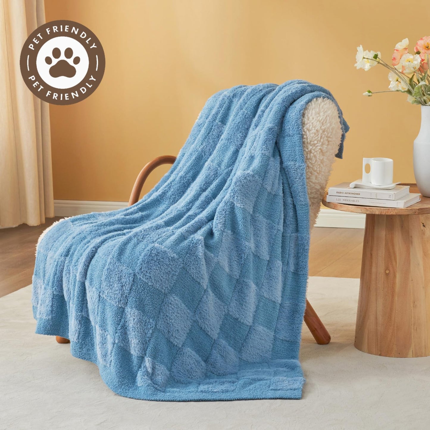 Snuggle Sac Checkered Throw Blanket Faux Fur Microfiber Blankets for Couch,Cozy Soft Warm Blanket for Sofa Bedroom Living Room,Beige Checker,50x60 inches