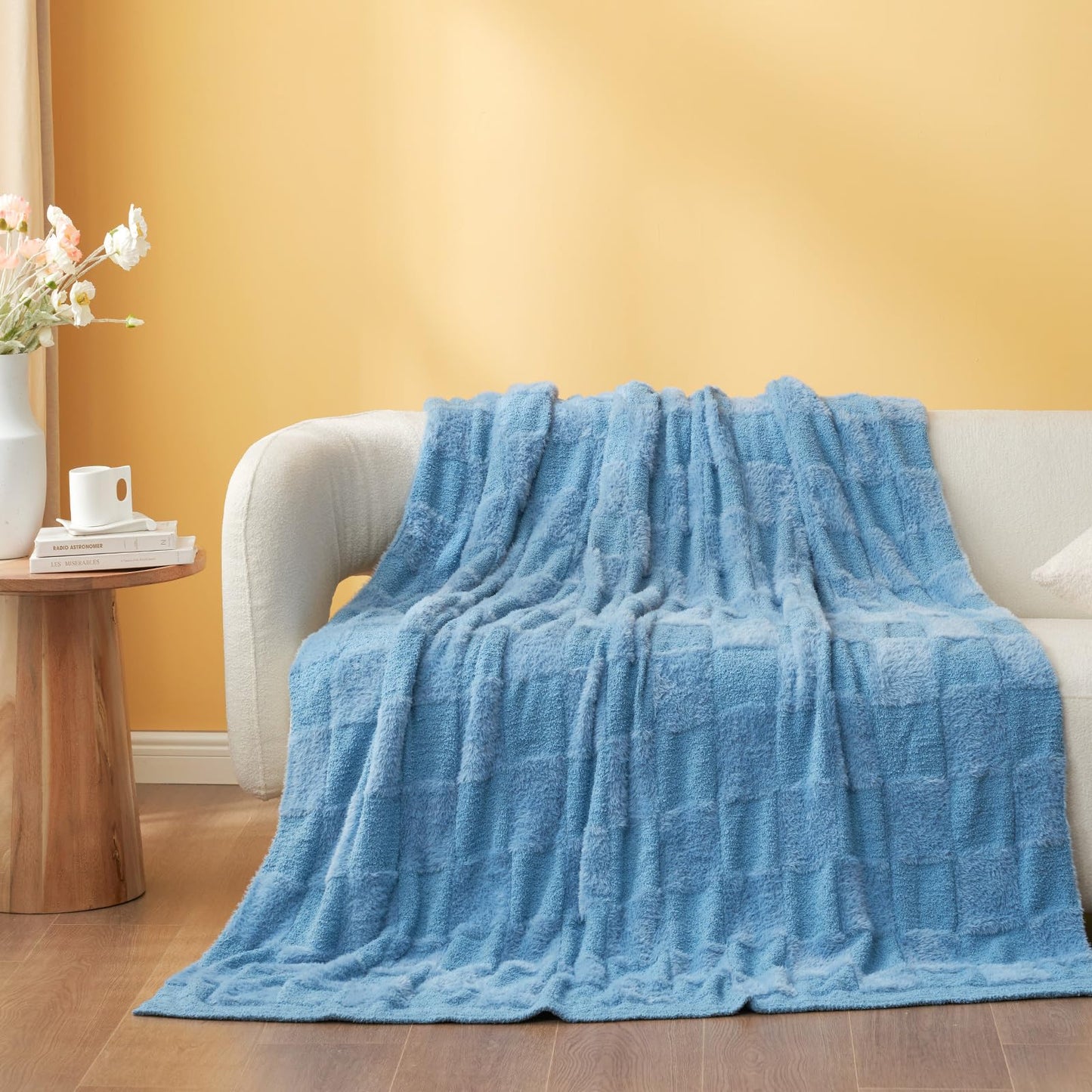 Snuggle Sac Checkered Throw Blanket Faux Fur Microfiber Blankets for Couch,Cozy Soft Warm Blanket for Sofa Bedroom Living Room,Beige Checker,50x60 inches