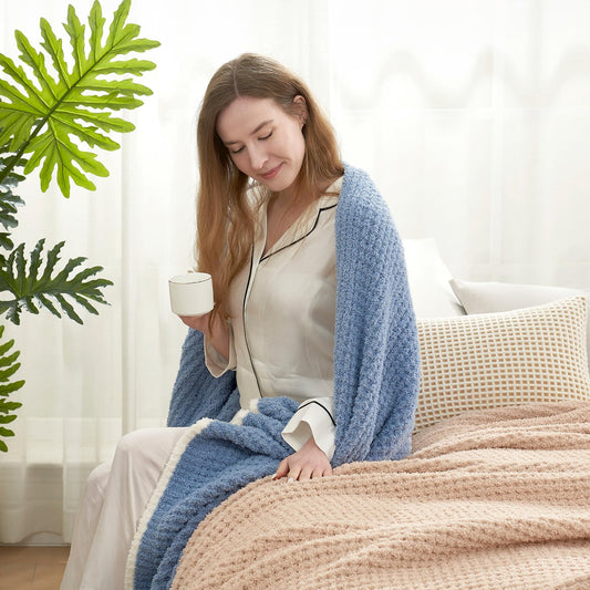 Snuggle Sac Ultra Soft Waffle Throw Blanket for Couch Bed Sofa 50x60 inches, Reversible Blue Blanket Microfiber Fluffy Fuzzy Cozy Knit Throws for Women Mothers Birthday Gifts