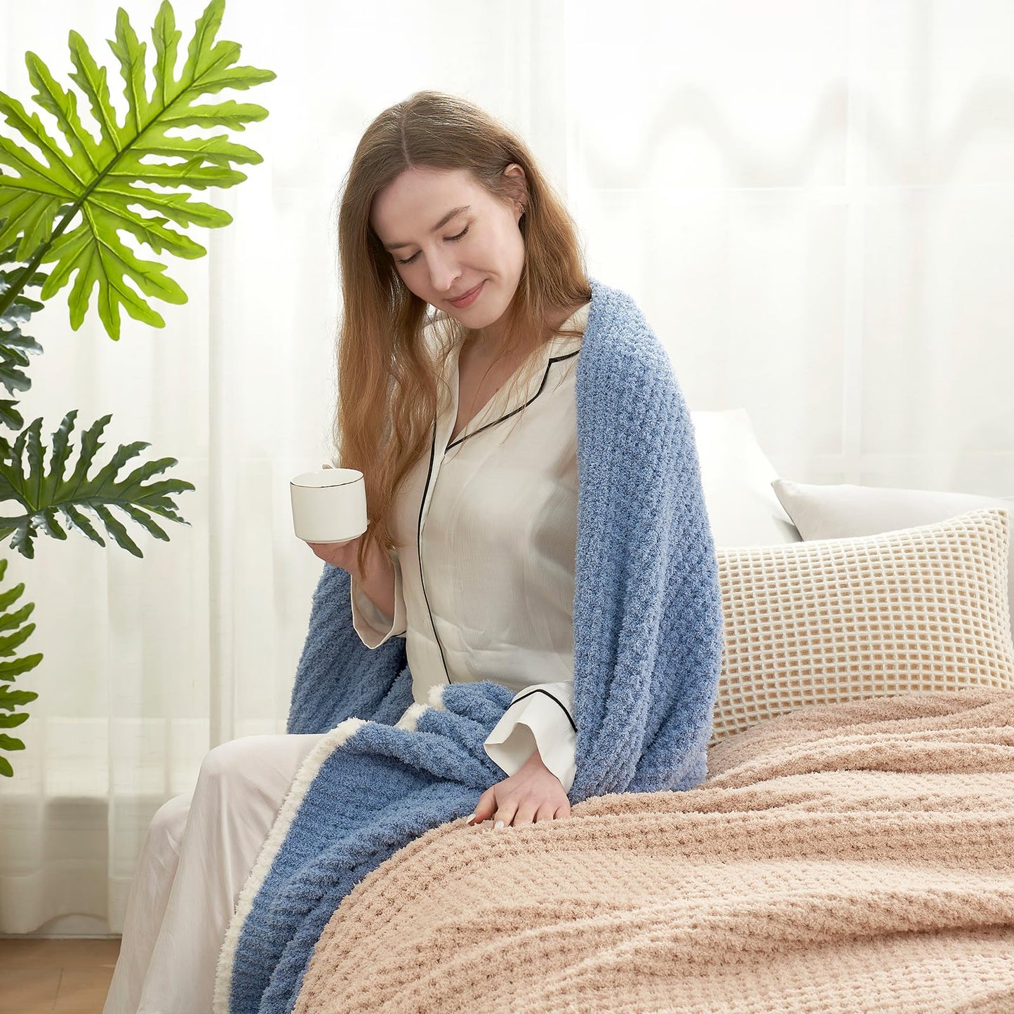 Snuggle Sac Ultra Soft Waffle Throw Blanket for Couch Bed Sofa 50x60 inches, Reversible Blue Blanket Microfiber Fluffy Fuzzy Cozy Knit Throws for Women Mothers Birthday Gifts