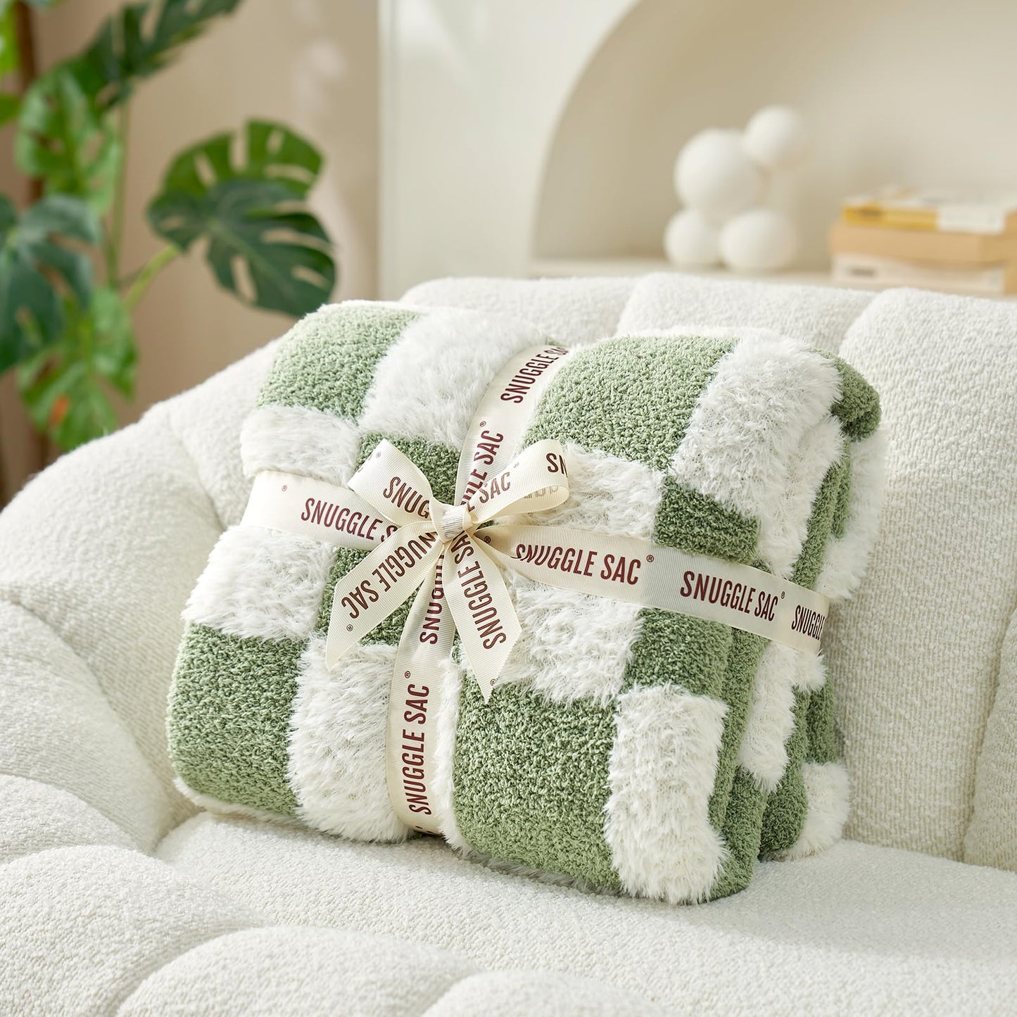 Snuggle Sac Checkered Throw Blanket Faux Fur Microfiber Blankets for Couch,Cozy Soft Warm Blanket for Sofa Bedroom Living Room,Beige Checker,50x60 inches