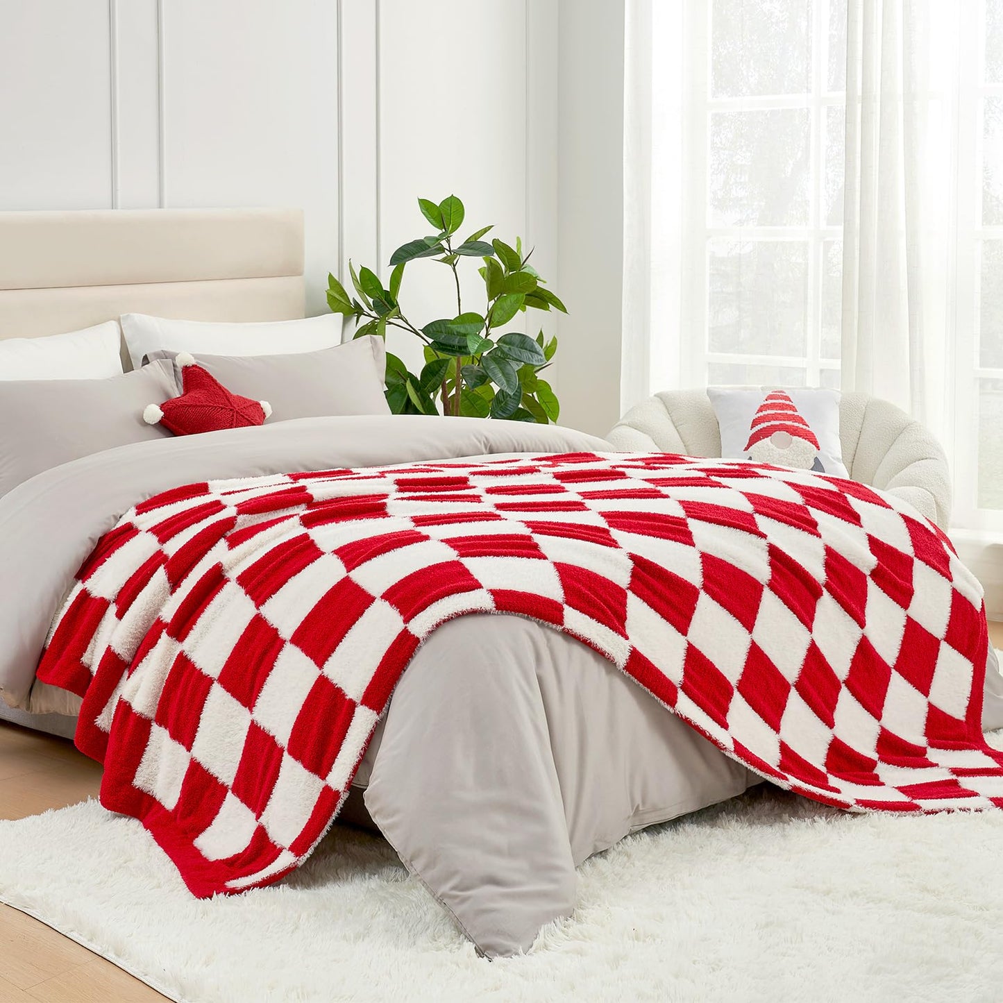Snuggle Sac Checkered Throw Blanket Faux Fur Microfiber Blankets for Couch,Cozy Soft Warm Blanket for Sofa Bedroom Living Room,Beige Checker,50x60 inches
