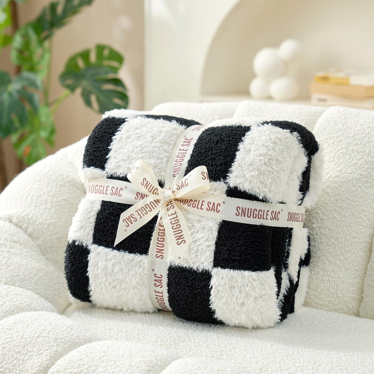Snuggle Sac Checkered Throw Blanket Faux Fur Microfiber Blankets for Couch,Cozy Soft Warm Blanket for Sofa Bedroom Living Room,Beige Checker,50x60 inches