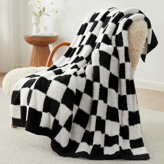 Snuggle Sac Checkered Throw Blanket Faux Fur Microfiber Blankets for Couch,Cozy Soft Warm Blanket for Sofa Bedroom Living Room,Beige Checker,50x60 inches