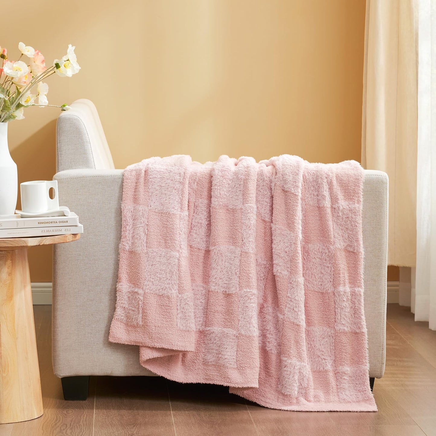 Snuggle Sac Checkered Throw Blanket Faux Fur Microfiber Blankets for Couch,Cozy Soft Warm Blanket for Sofa Bedroom Living Room,Beige Checker,50x60 inches
