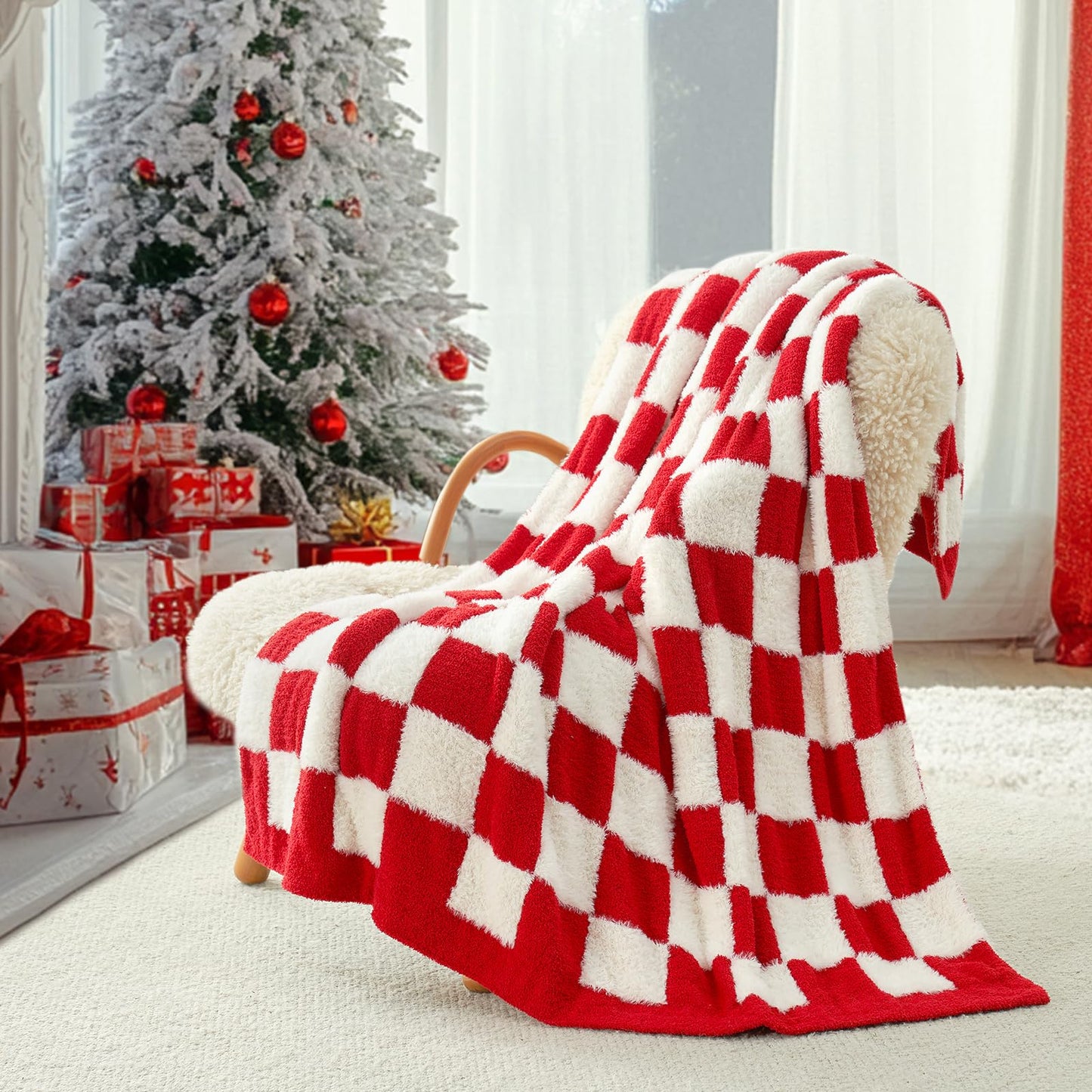 Snuggle Sac Checkered Throw Blanket Faux Fur Microfiber Blankets for Couch,Cozy Soft Warm Blanket for Sofa Bedroom Living Room,Beige Checker,50x60 inches