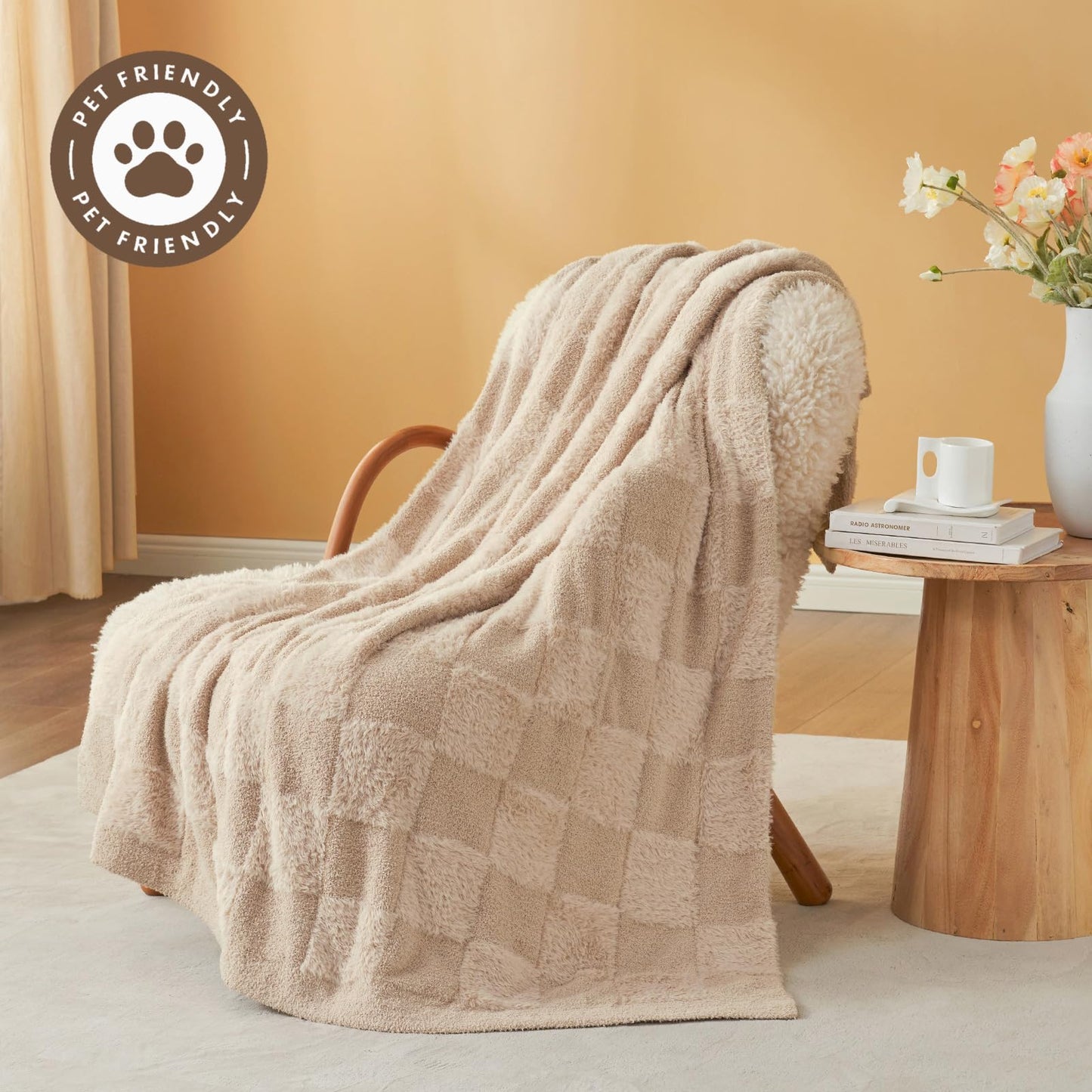 Snuggle Sac Checkered Throw Blanket Faux Fur Microfiber Blankets for Couch,Cozy Soft Warm Blanket for Sofa Bedroom Living Room,Beige Checker,50x60 inches