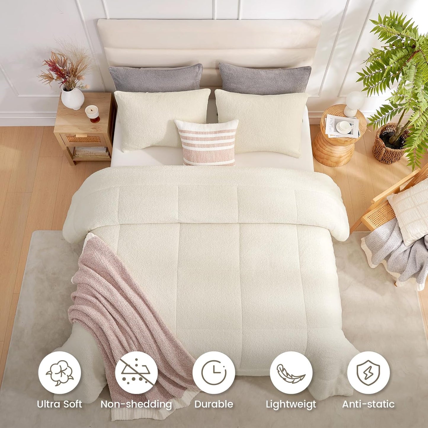 Snuggle Sac Ultra Soft Twin Comforter Set Ivory, 2 Pieces Solid Warm Sherpa Fluffy Bedding Comforter Set Twin Size (1 Comforter, 1 Sham)