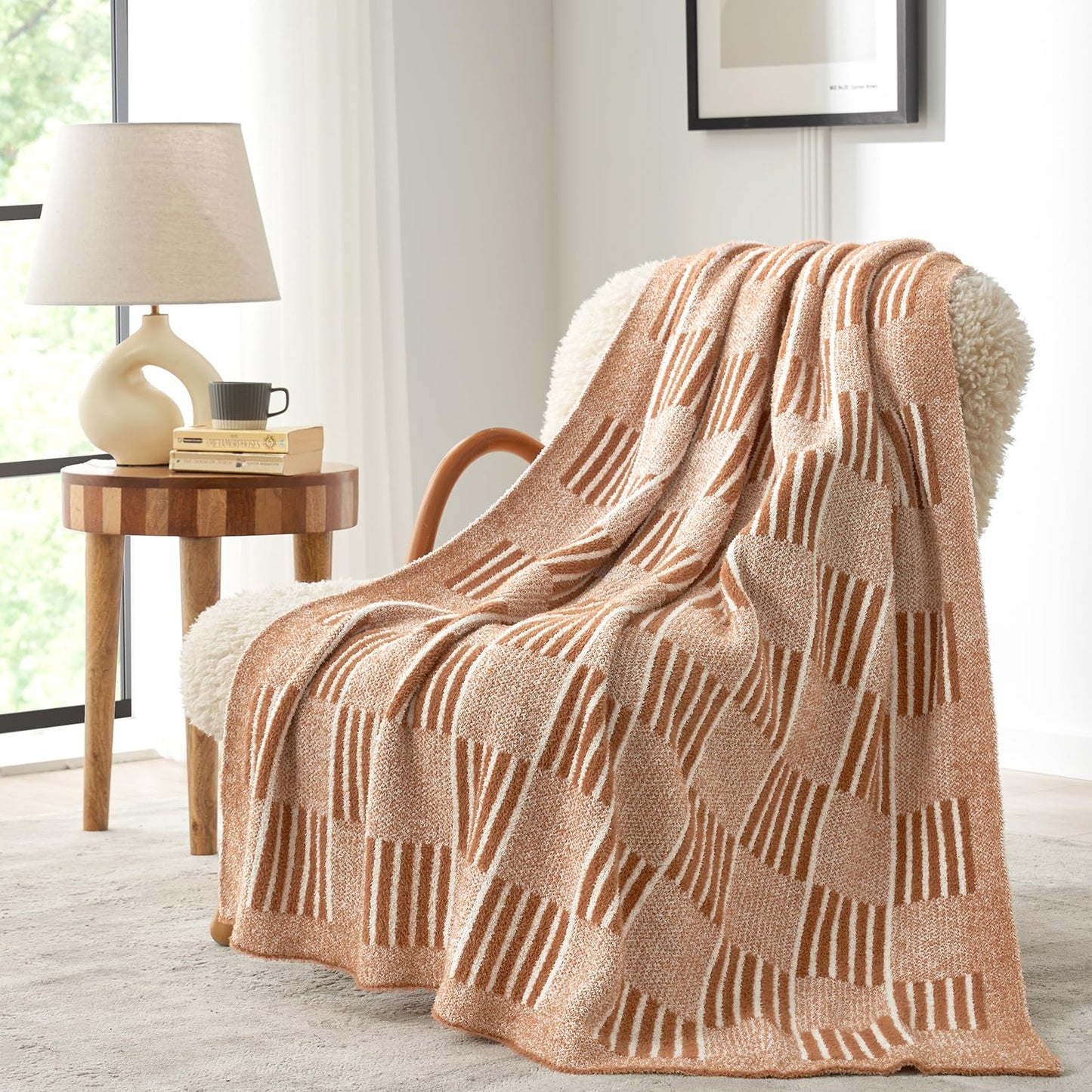 Snuggle Sac Checkered Orange Throw Blanket for Fall,Super Soft Reversible Cozy Warm Blanket for Couch Sofa Bedroom,Cute Lightweight Striped Throws for Women,Heather Orange,50x60 inches