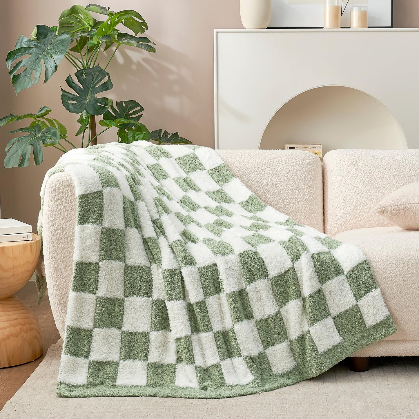 Snuggle Sac Checkered Throw Blanket Faux Fur Microfiber Blankets for Couch,Cozy Soft Warm Blanket for Sofa Bedroom Living Room,Beige Checker,50x60 inches