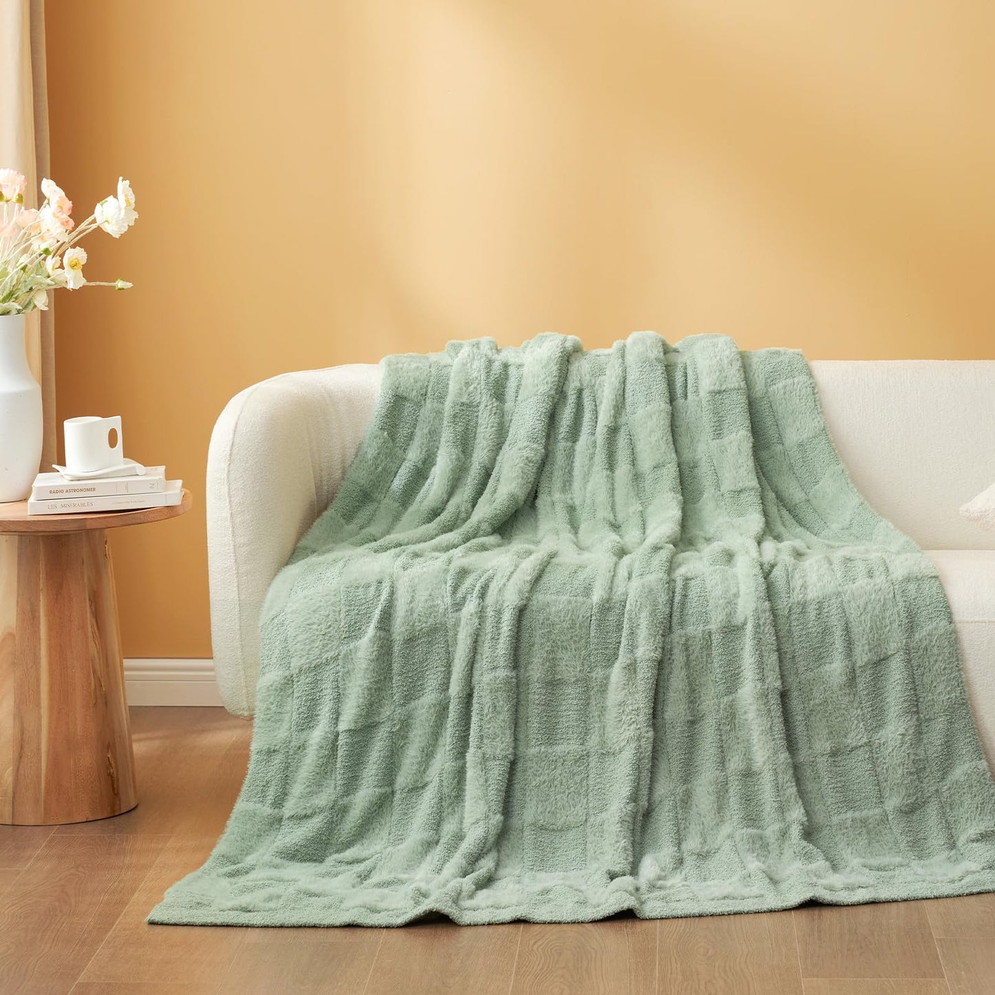 Snuggle Sac Checkered Throw Blanket Faux Fur Microfiber Blankets for Couch,Cozy Soft Warm Blanket for Sofa Bedroom Living Room,Beige Checker,50x60 inches
