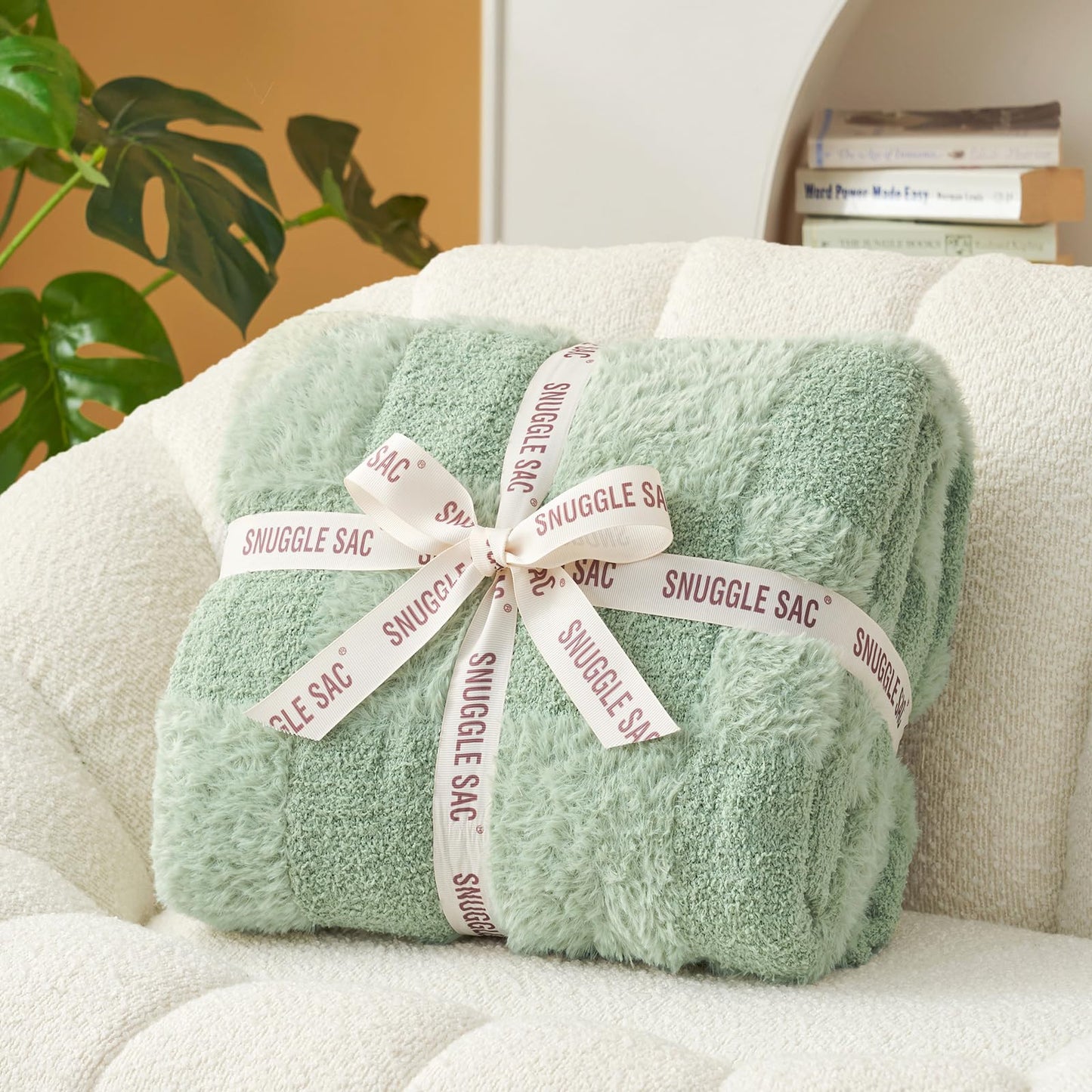 Snuggle Sac Checkered Throw Blanket Faux Fur Microfiber Blankets for Couch,Cozy Soft Warm Blanket for Sofa Bedroom Living Room,Beige Checker,50x60 inches