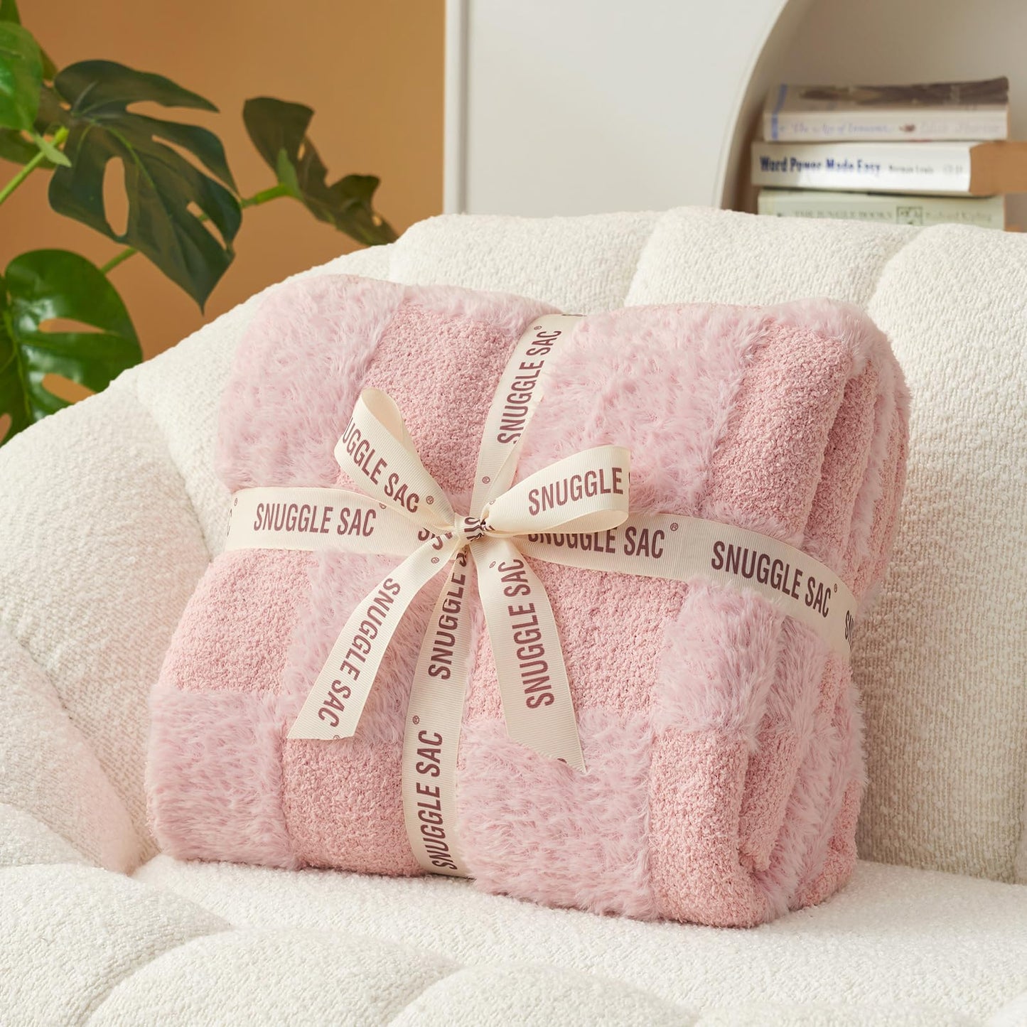 Snuggle Sac Checkered Throw Blanket Faux Fur Microfiber Blankets for Couch,Cozy Soft Warm Blanket for Sofa Bedroom Living Room,Beige Checker,50x60 inches