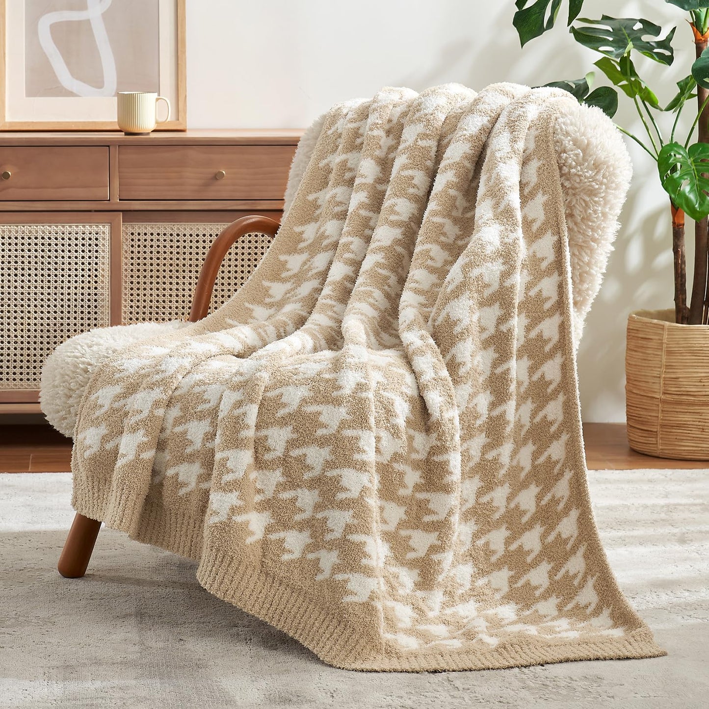 Snuggle Sac Heather Beige Throw Blankets Luxurious Microfiber Fabric, Reversible Super Soft Throws Warm Cozy Knit Fuzzy Plush Throw Blanket for Couch, Bed, Sofa, Camping, Beige,50x60 inches